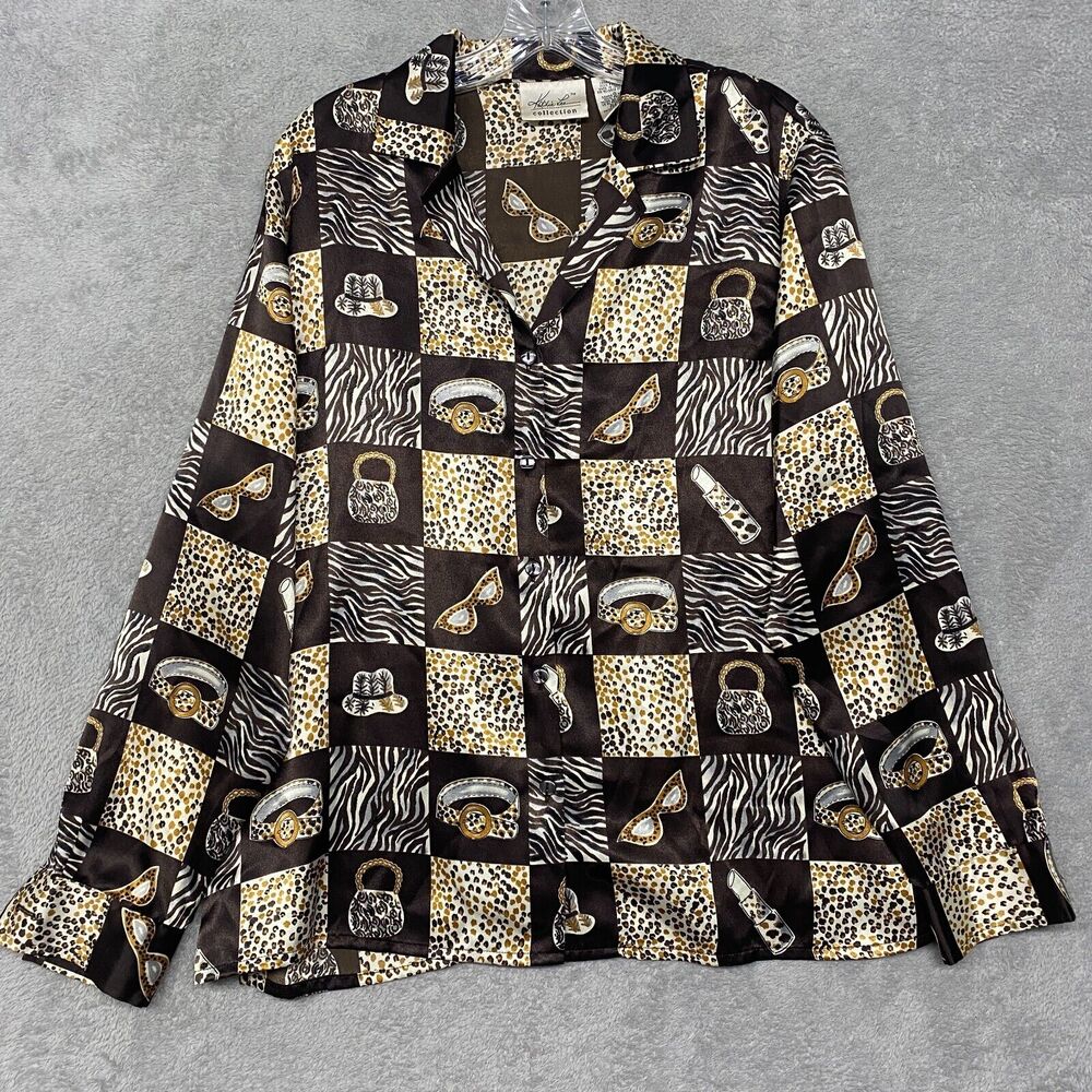 Vintage Kathy Lee Shirt Womens Large Button Up Brown Handbag Makeup Kitsch Silky